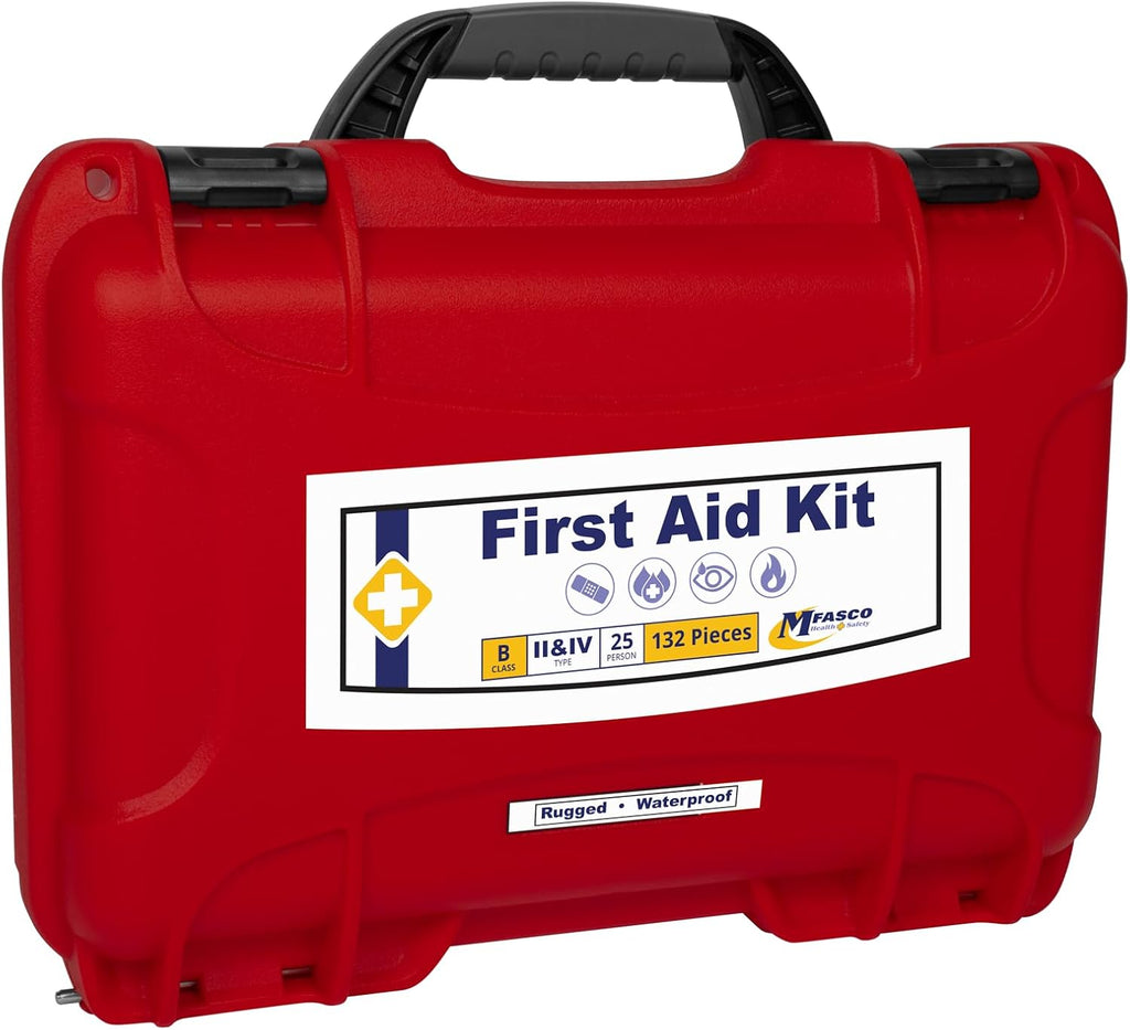 MFASCO 2021 OSHA/ANSI Class B First Aid Kit | Waterproof Rugged Case, Type II & IV - Emergency Medical Supplies for Businesses, Construction Environments, and Jobsites | Portable and Outdoor Ready