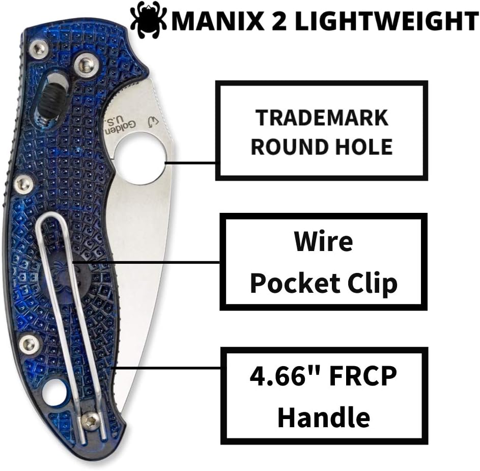 Spyderco Manix 2 Lightweight Folding Pocket Knife with 3.3' CTS BD1N Steel Blade and FRCP Handle - EDC Knife for Men and Women, Perfect for Hunting, Tactical, Camping, Survival - PlainEdge - C101PBL2