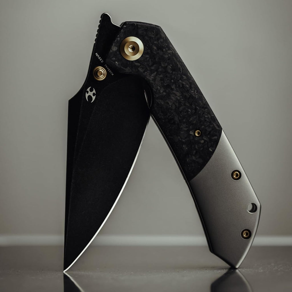 KANSEPT Fenrir Pocket Knife, 3.48' Blackwash CPM S35VN Harpoon Blade, Titanium Handle Shred Carbon Fiber Inlay, Thumb Stud & Liner Lock with Deep Clip EDC Knives for Camping Hunting Survival K1034A1