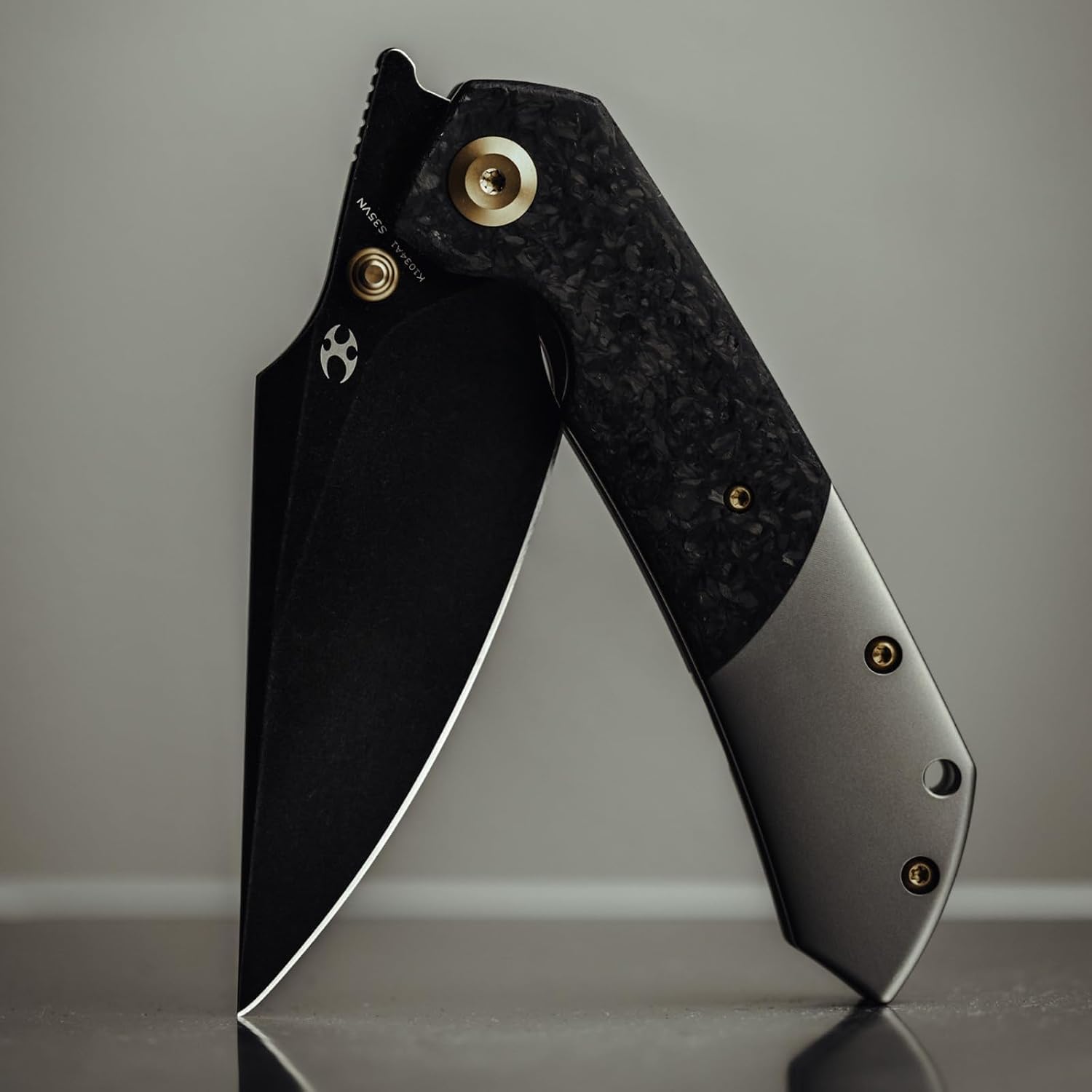 KANSEPT Fenrir Pocket Knife, 3.48' Blackwash CPM S35VN Harpoon Blade, Titanium Handle Shred Carbon Fiber Inlay, Thumb Stud & Liner Lock with Deep Clip EDC Knives for Camping Hunting Survival K1034A1