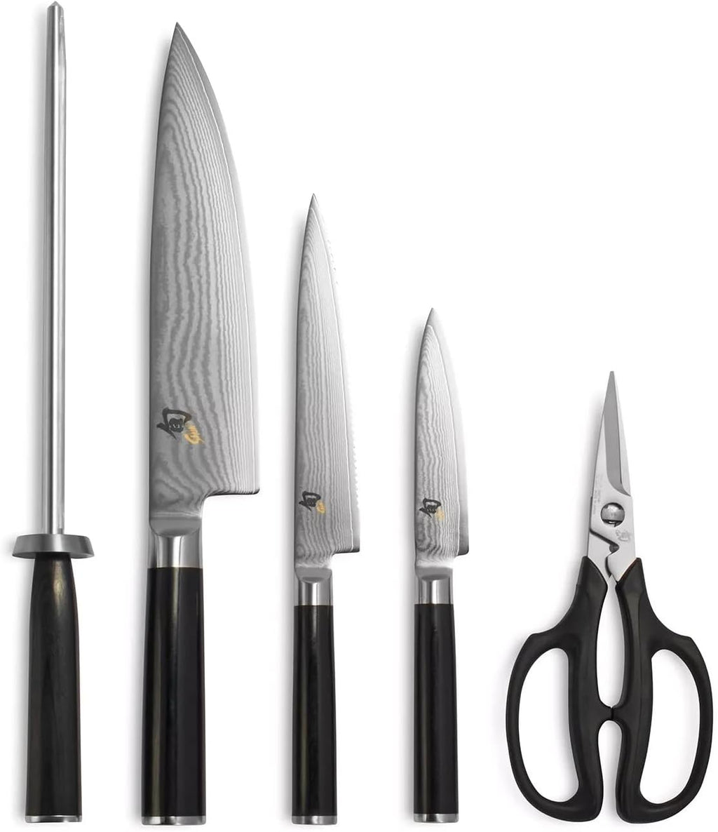 Shun Classic 6 Piece Block Set, Includes 8' Chef's, 4' Paring, 6' Serrated Utility Knife & Herb Shears, Handcrafted Japanese Knife Block Set, Damascus Stainless Steel Cladding, Pakkawood Handle