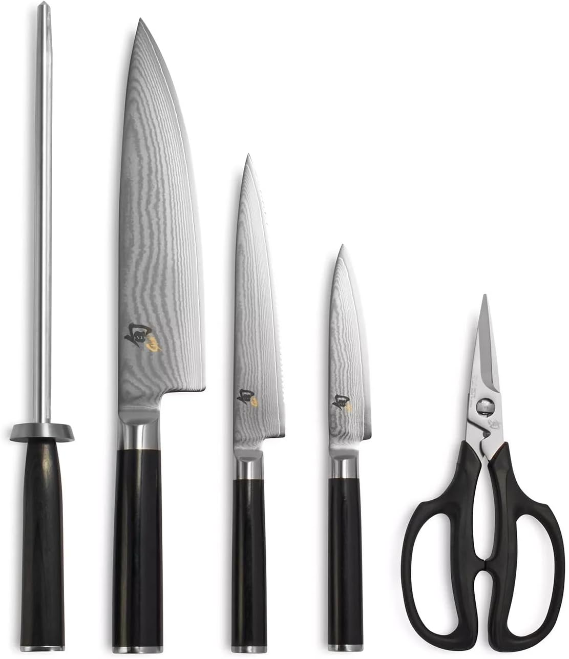 Shun Classic 6 Piece Block Set, Includes 8' Chef's, 4' Paring, 6' Serrated Utility Knife & Herb Shears, Handcrafted Japanese Knife Block Set, Damascus Stainless Steel Cladding, Pakkawood Handle