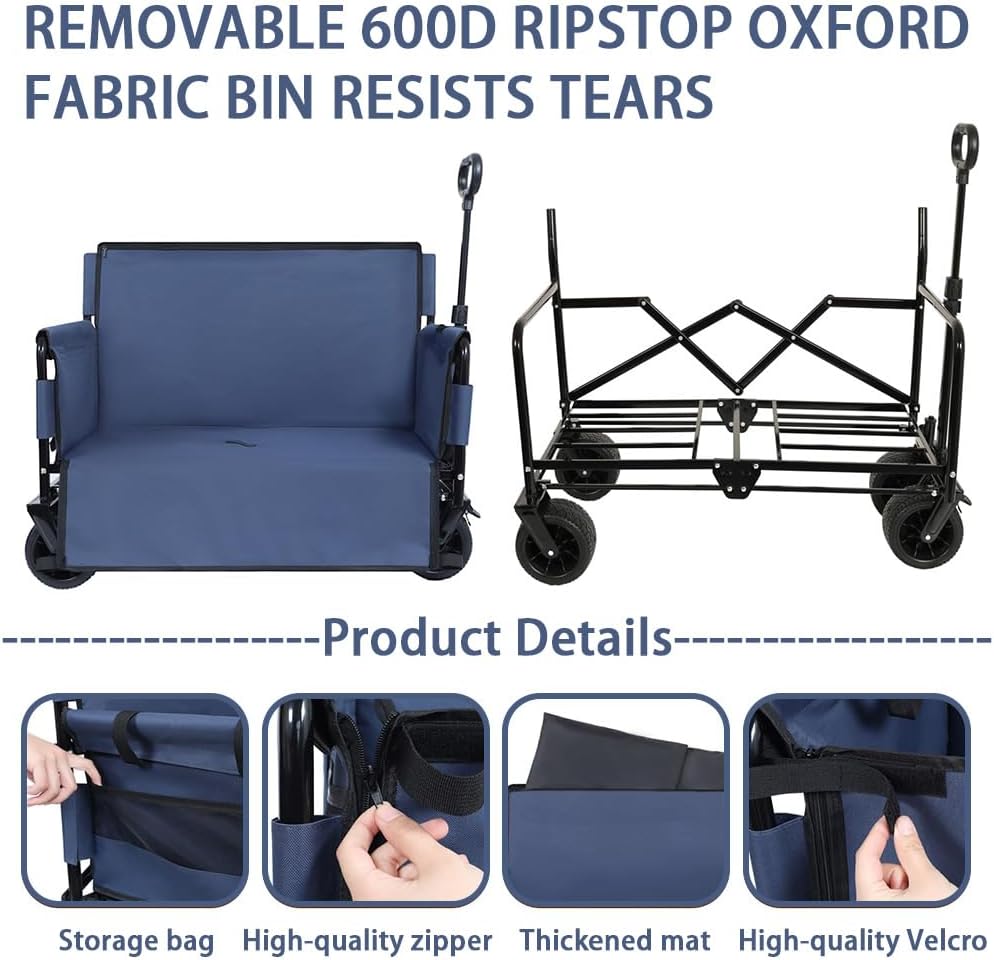 3-in-1 Convertible Folding Wagon Cart with Seat & Storage, 500lbs Heavy-Duty Utility Wagon, 180L Capacity, All-Terrain 360° Swivel Wheels for Camping, Beach, Sports, Garden (Dark Blue)