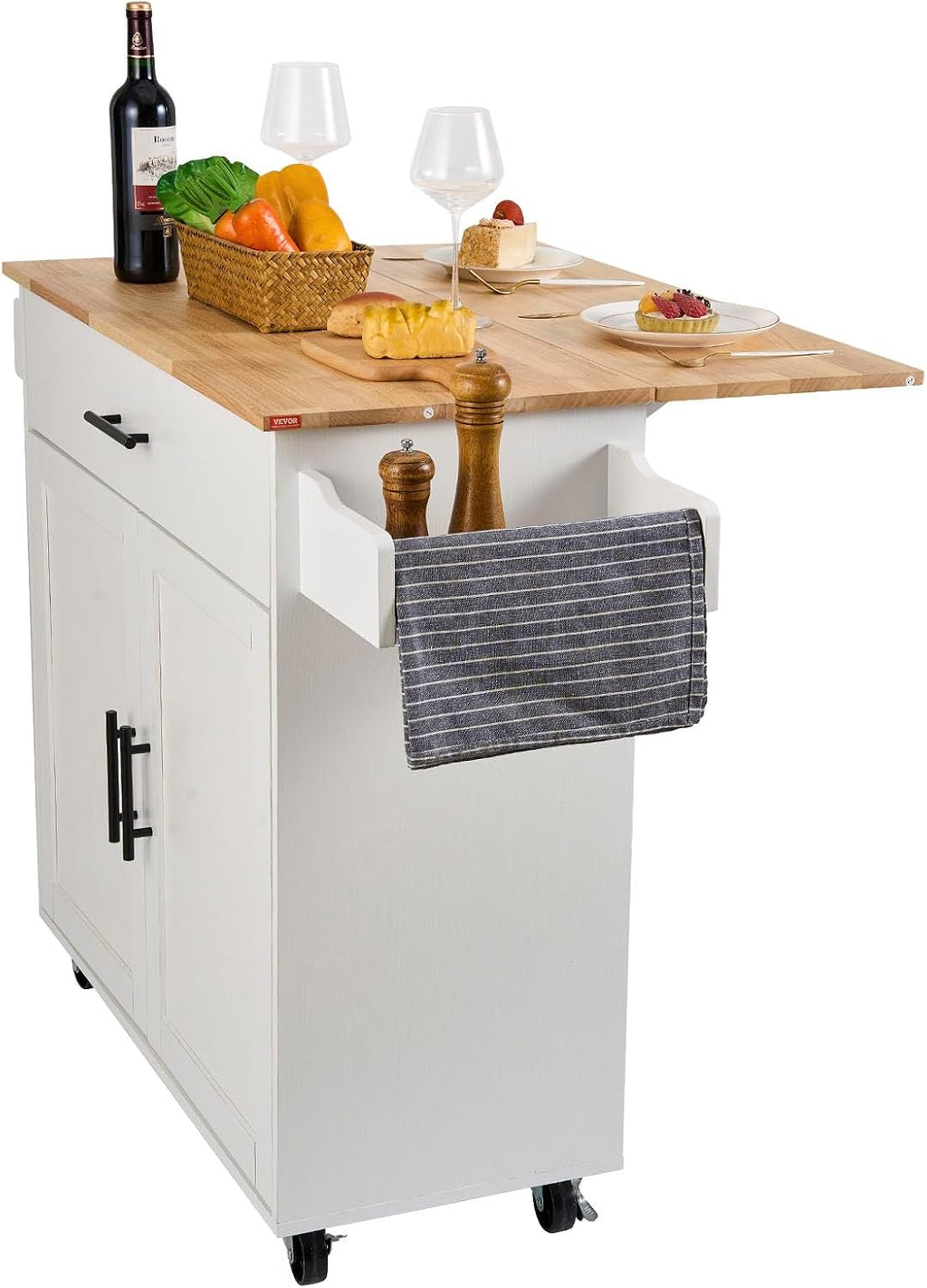 VEVOR Kitchen Island Cart with Solid Wood Top, 35.4' Width Mobile Carts with Storage Cabinet, Rolling Kitchen Table with Spice Rack, Towel Rack, Drop Leaf and Drawer, Portable Islands on Wheels, White