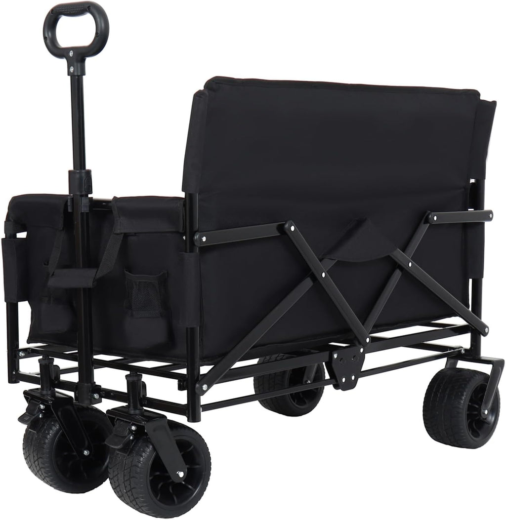 3-in-1 Convertible Folding Wagon Cart with Bench Seat & Storage - 500lbs Heavy-Duty Utility Wagon, 180L Capacity All-Terrain Wheels for Camping, Beach, Sports, Garden, Black