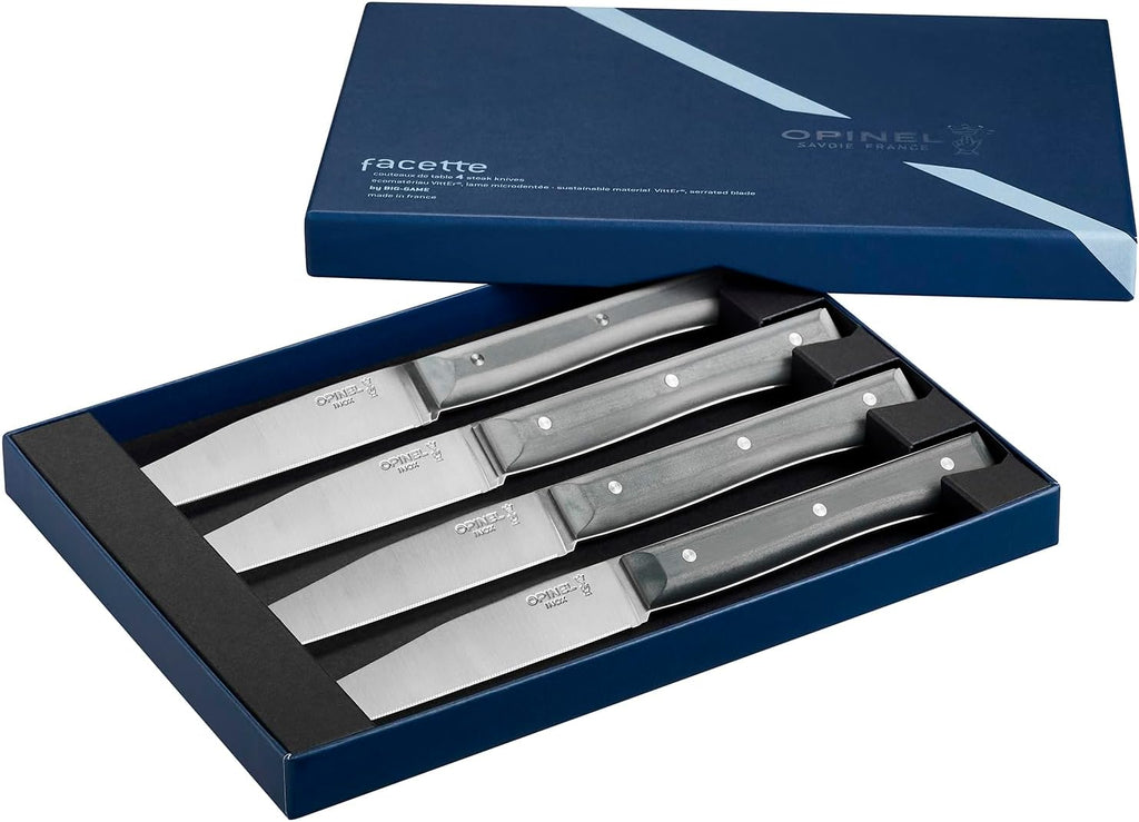 OPINEL Facette Steak Knife Set – Full Tang Table Knife Setting for 4, Comfortable Riveted Handle in Premium Woods and Vitter Eco, Made in France (Slate VittEr)