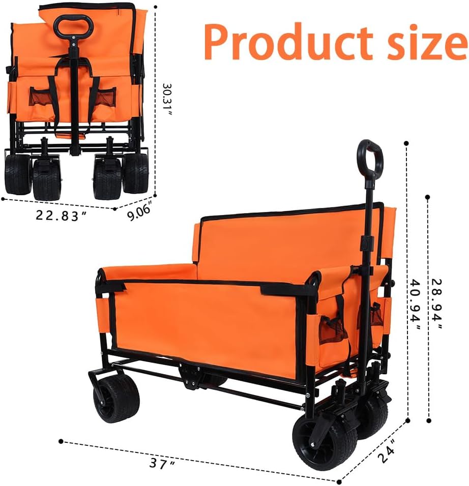 3-in-1 Convertible Folding Wagon Cart with Seat & Storage, 500lbs Heavy-Duty Utility Wagon, 180L Capacity, All-Terrain 360° Swivel Wheels for Camping, Beach, Sports, Garden (Orange)
