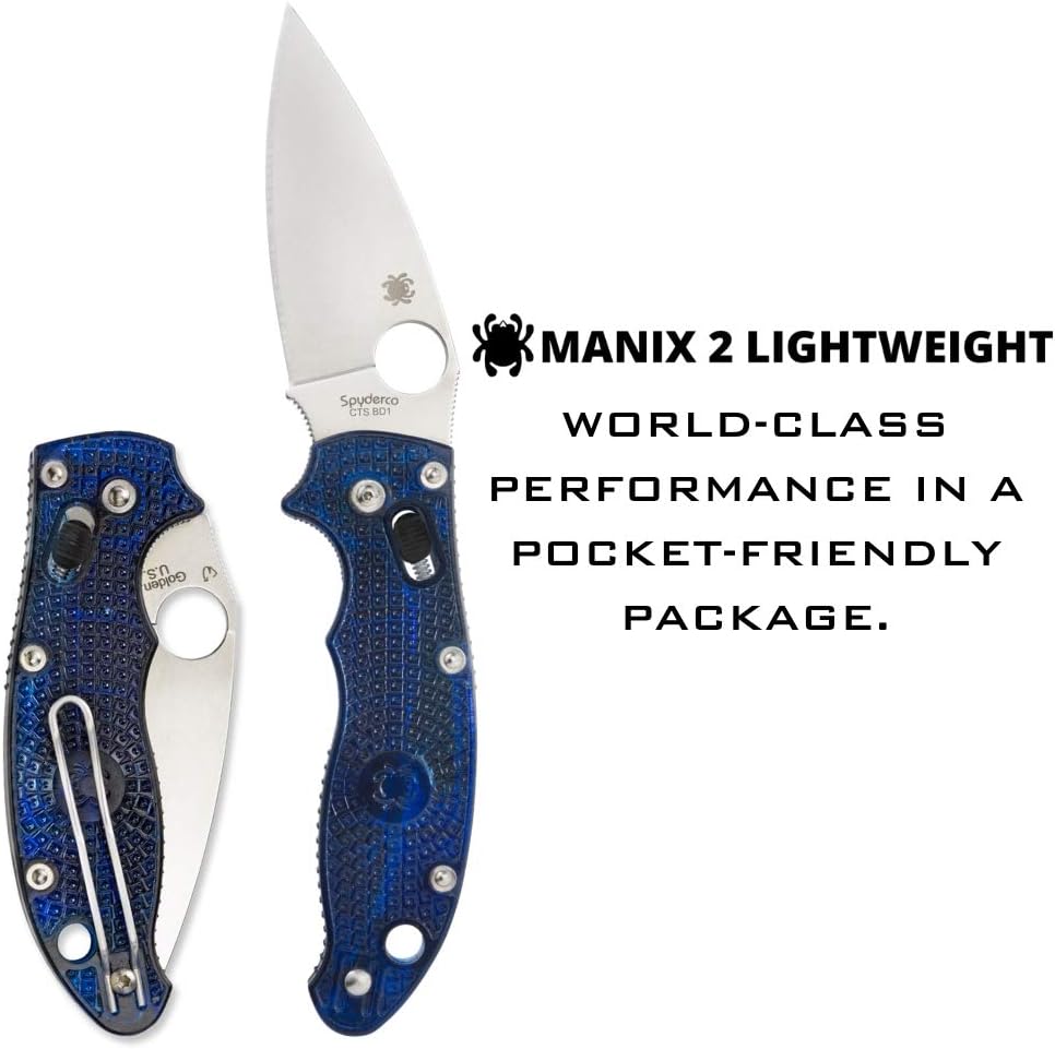 Spyderco Manix 2 Lightweight Folding Pocket Knife with 3.3' CTS BD1N Steel Blade and FRCP Handle - EDC Knife for Men and Women, Perfect for Hunting, Tactical, Camping, Survival - PlainEdge - C101PBL2