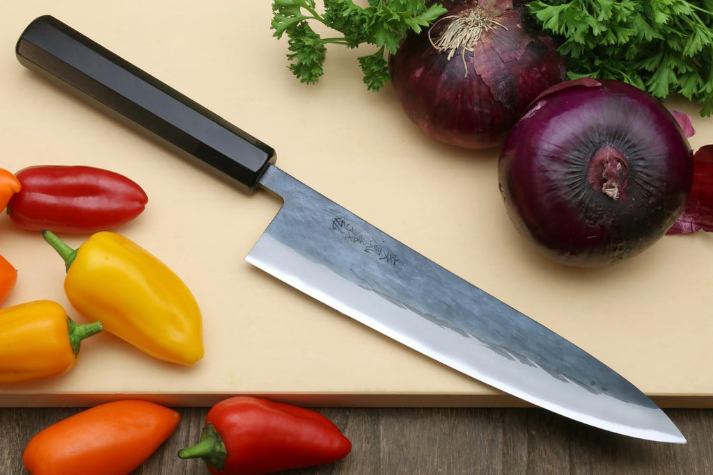 Yoshihiro Kurouchi Black-Forged Blue Steel Stainless Clad Gyuto Chefs Knife Ebony Handle (8.25'' (210mm) & Saya)