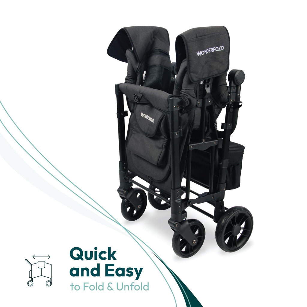 WonderFold W2 Elite Stroller Wagon - Foldable Wagon with Steel Frame - Adjustable Canopy & Push Handle - All-Terrain Wheels - for Babies, Toddlers & Kids - 2 Seater - Jet Black