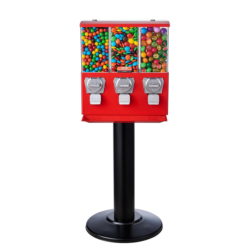 VEVOR Candy Vending Machine, Triple Compartment Candy Dispenser, Commercial Gumball and Candy Machine for Business with Iron Stand, Coin Operated Gumball Bank for Toy Capsules Bouncy Balls Candy