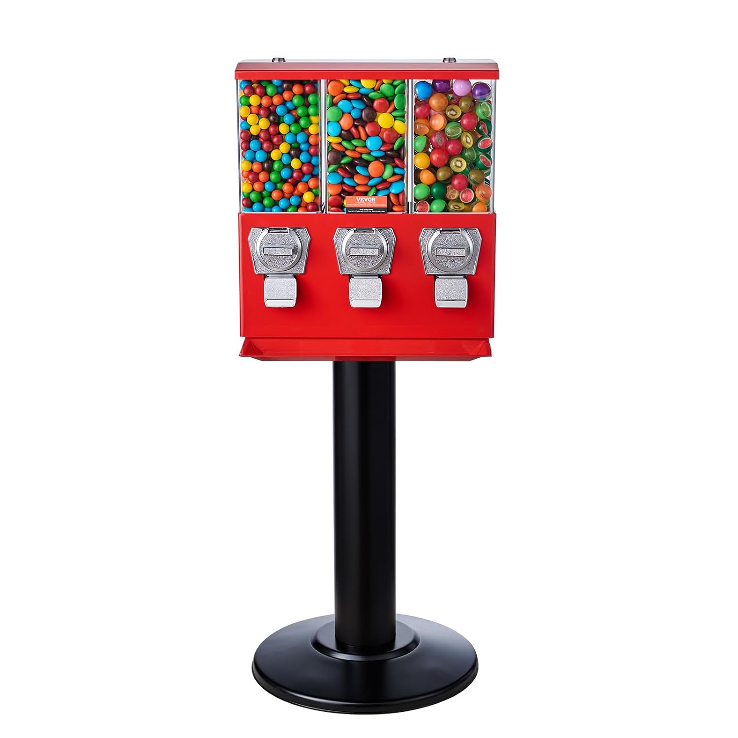 VEVOR Candy Vending Machine, Triple Compartment Candy Dispenser, Commercial Gumball and Candy Machine for Business with Iron Stand, Coin Operated Gumball Bank for Toy Capsules Bouncy Balls Candy