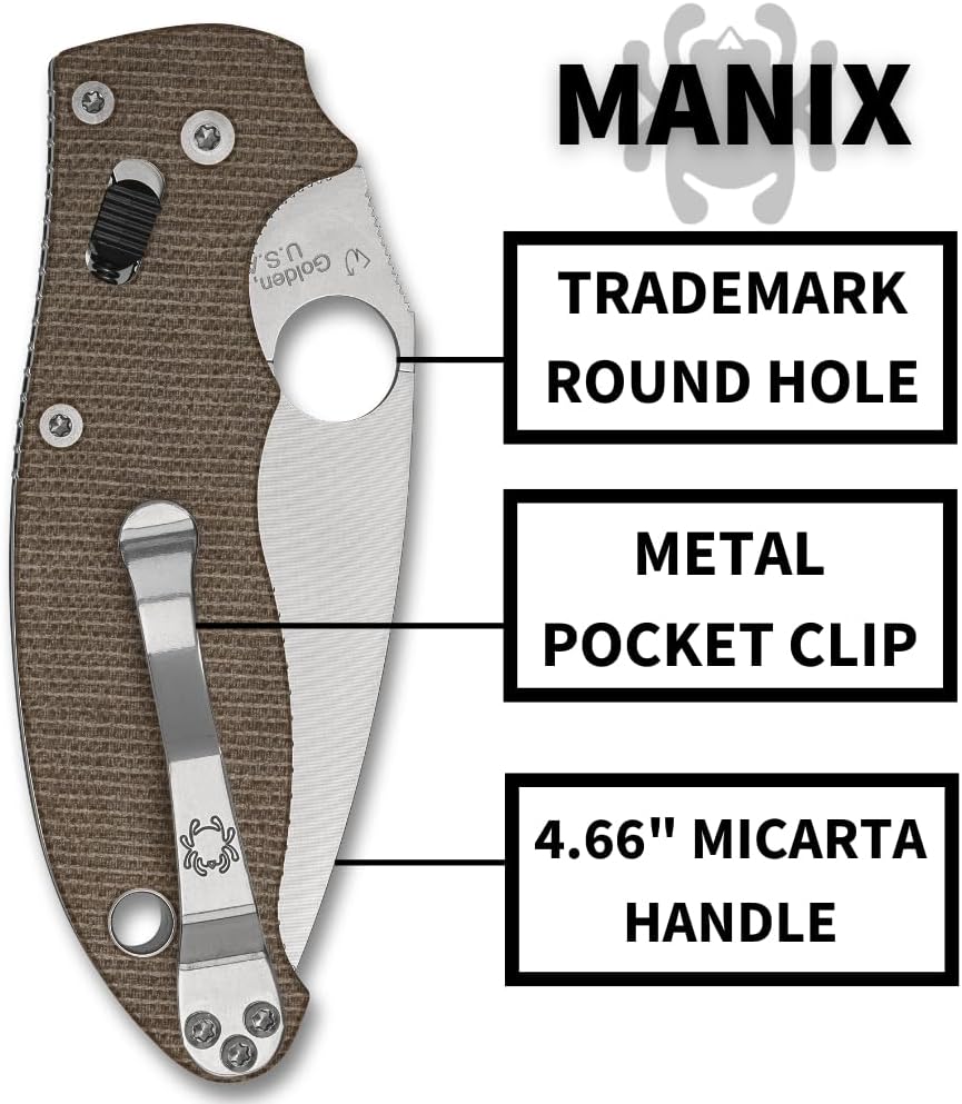 Spyderco Manix 2 Folding Pocket Knife with 3.3' CPM Cru-Wear Steel Blade and Micarta Handle - EDC Knife for Men and Women, Perfect for Hunting, Tactical, Camping, Survival - PlainEdge - C101MPCW2