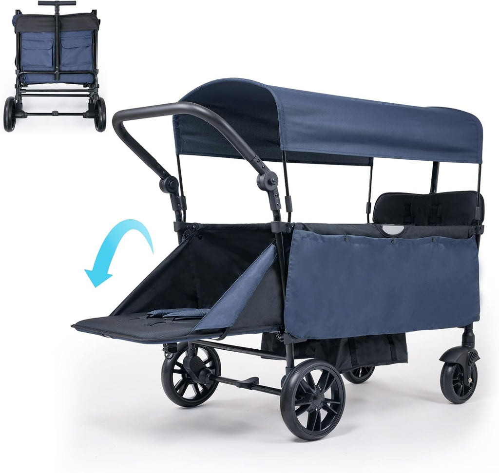 Collapsible Wagon with Canopy and Large Wheels - All-Terrain Heavy Duty Folding Cart for Sports, Shopping, Camping - 400L Capacity, Adjustable Handle, 2 Child Restraints, Blue