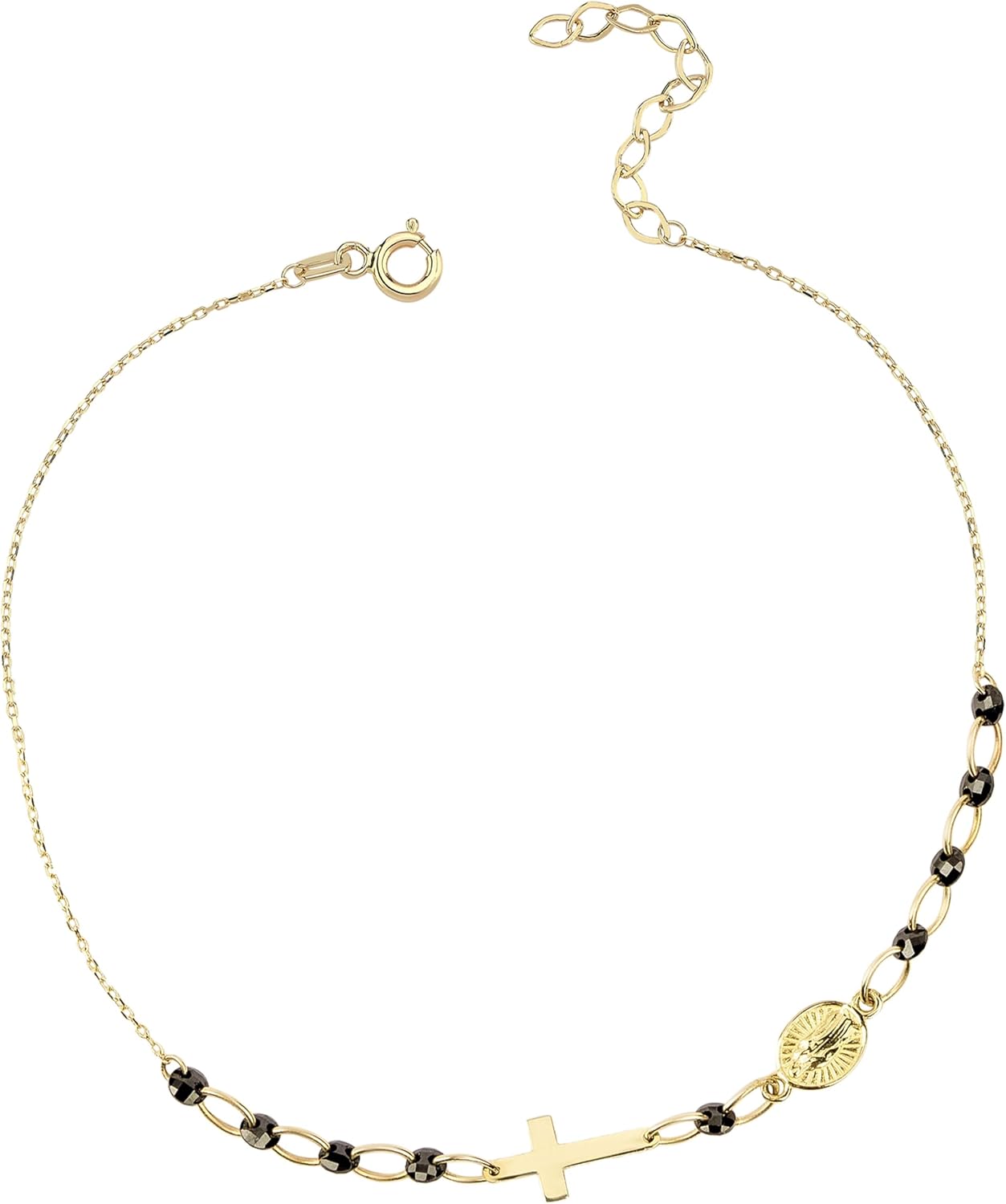 MIONZA 14K Solid Gold Rosary Sideways Cross Bracelet for Women, Adjustable Cross Bracelet, Religious Charm Catholic Jewelry, Christian Baptism Gift for Her