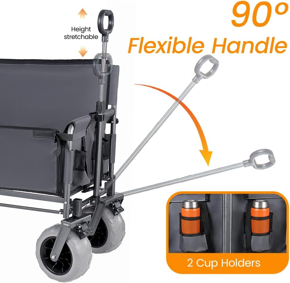 Heavy-Duty Folding Wagon with Bench Seat and Rear Folding Tabletop – 500-Pound Capacity, All-Terrain Beach Wheels for Outdoor Use (Gray + Steel)