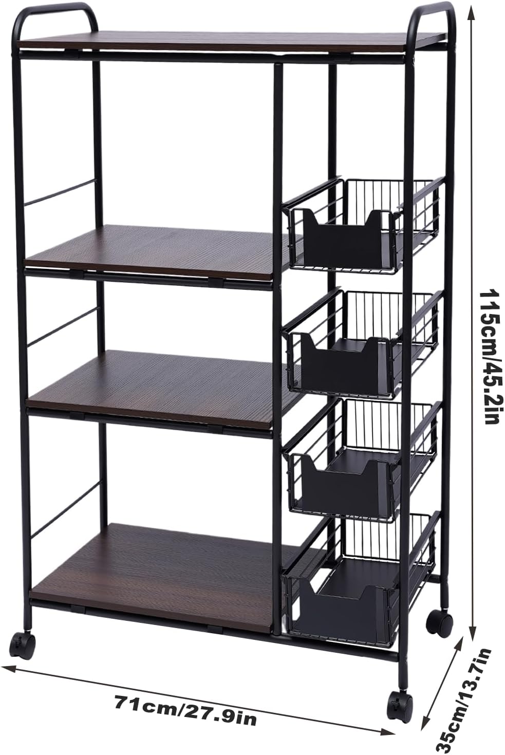 5-Tier Kitchen Bakers Rack with Storage, Kitchen Storage Cart with Wheels, Industrial Microwave Stand, Freestanding Kitchen Stand Storage Shelf, Mobile Storage Rack with Four Sliding Drawers