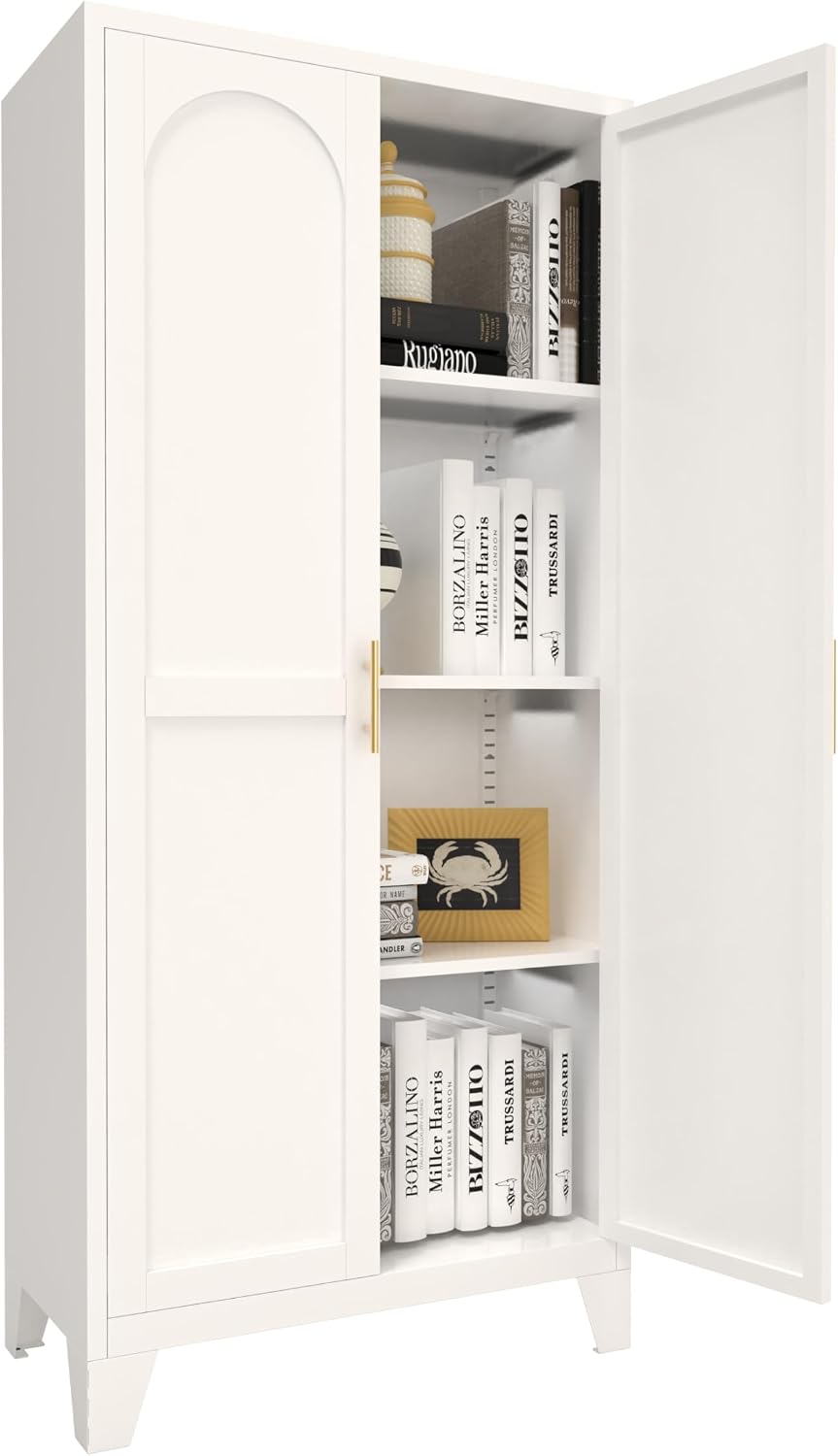 61'' Metal Storage Cabinet with Doors White, Adjustable Shelves Cabinet for Bedroom, Office, Kitchen or Garage, Tall Steel Organizer for Secure and Space-Saving Storage (Product A)