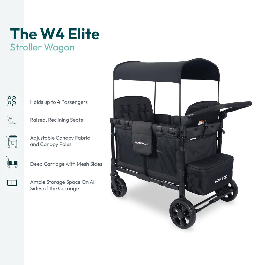 WonderFold W4 Elite Stroller Wagon - Foldable Wagon with Steel Frame - Adjustable Canopy & Push Handle - All-Terrain Wheels - for Babies, Toddlers & Kids - 4 Seater - Jet Black