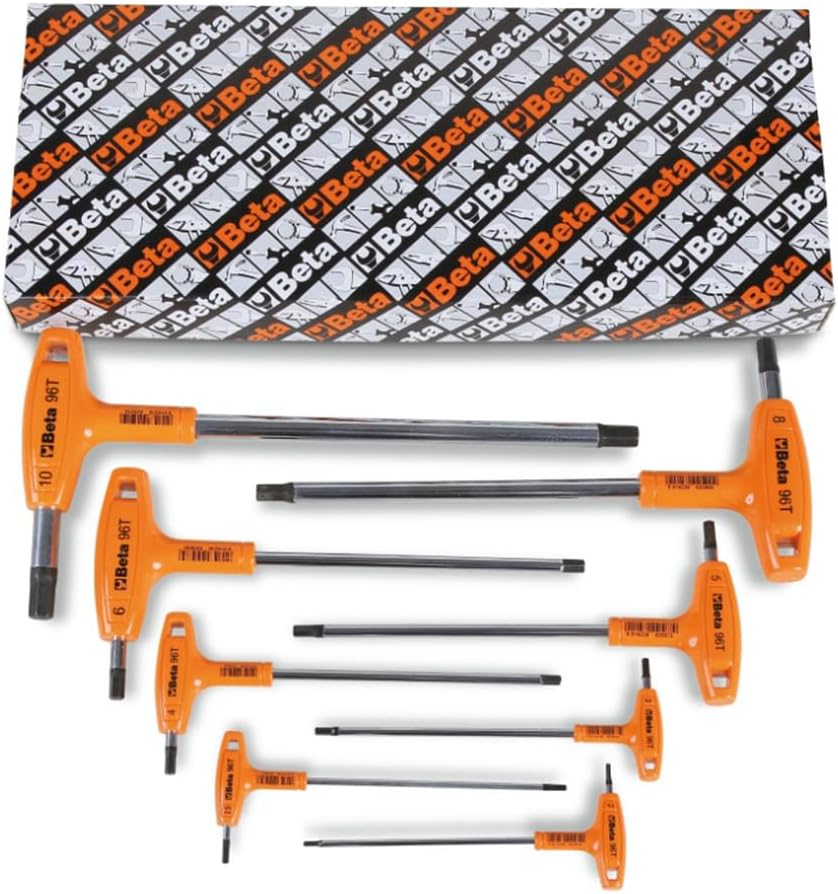 Beta 96T SAE (Inch) T-Handle Hex Key Wrench 8-Piece Set | High Torque Ergonomic Allen Wrench |Dual Hex Tips | Drop Prevention Hole | Industrial Strength | Made in Italy | 3/32-3/8'