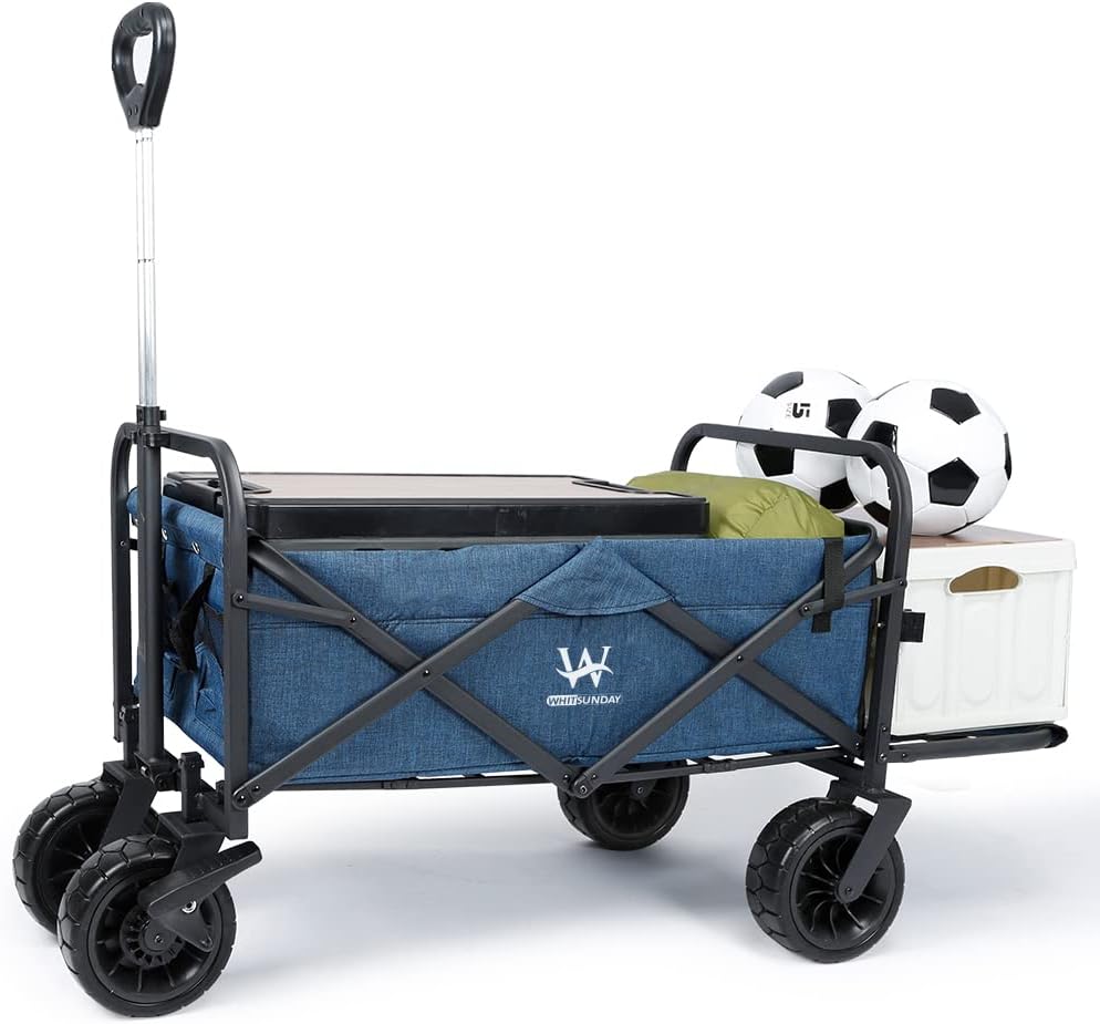 Whitsunday Collapsible Folding Garden Outdoor Park Utility Wagon Picnic Camping Cart with 8' Bearing Fat Wheel and Brake (Standard Size(Plus+) 8' Wheels with Tailgate (Blue)