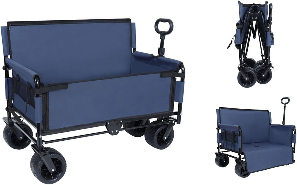 3-in-1 Folding Wagon Cart with Bench Seat & Storage, 500 Lbs Heavy-Duty Utility Lounge Wagon, All-Terrain Wheels for Camping, Beach, Sports, Garden (Blue)