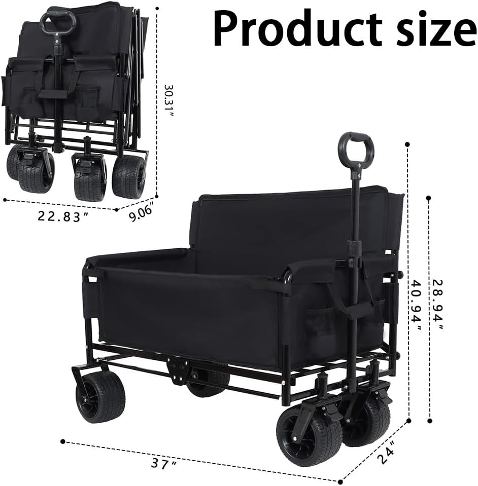 3-in-1 Convertible Folding Wagon Cart with Seat & Storage, 500lbs Heavy-Duty Utility Wagon, 180L Capacity, All-Terrain 360° Swivel Wheels for Camping, Beach, Sports, Garden (Black)