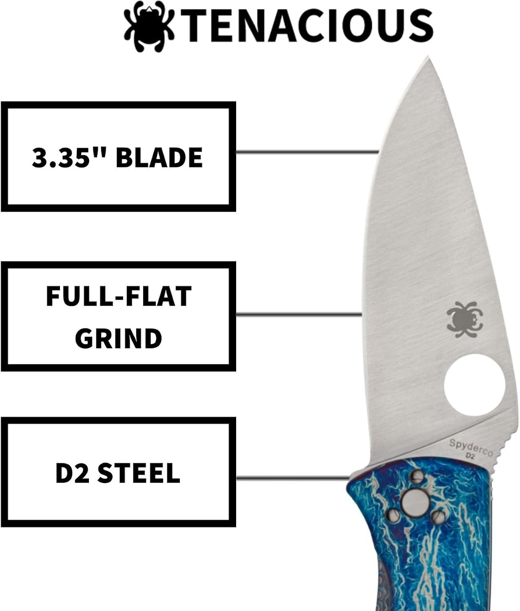 Spyderco Tenacious Disarray Folding Pocket Knife with 3.3' D2 Steel Blade and Titanium Handle - EDC Knife for Men and Women, Perfect for Hunting, Tactical, Camping, Survival - PlainEdge - C122TIBLD2P