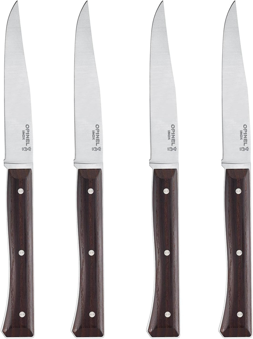 OPINEL Facette Steak Knife Set – Full Tang Table Knife Setting for 4, Comfortable Riveted Handle in Premium Woods and Vitter Eco, Made in France (Dark Ash Wood)