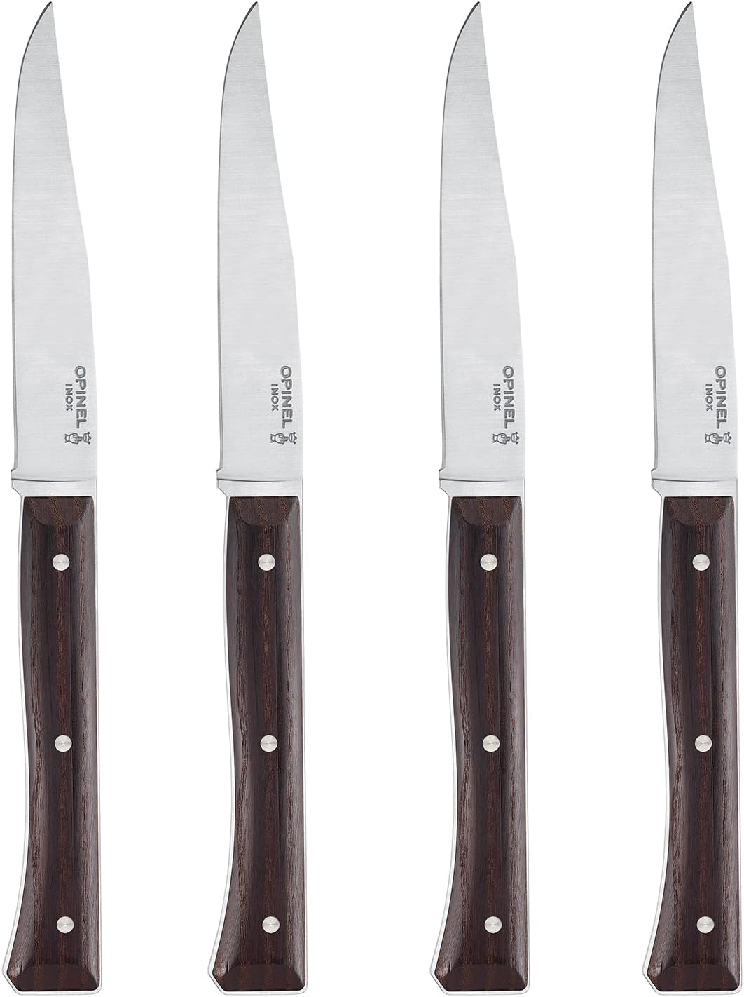 OPINEL Facette Steak Knife Set – Full Tang Table Knife Setting for 4, Comfortable Riveted Handle in Premium Woods and Vitter Eco, Made in France (Dark Ash Wood)