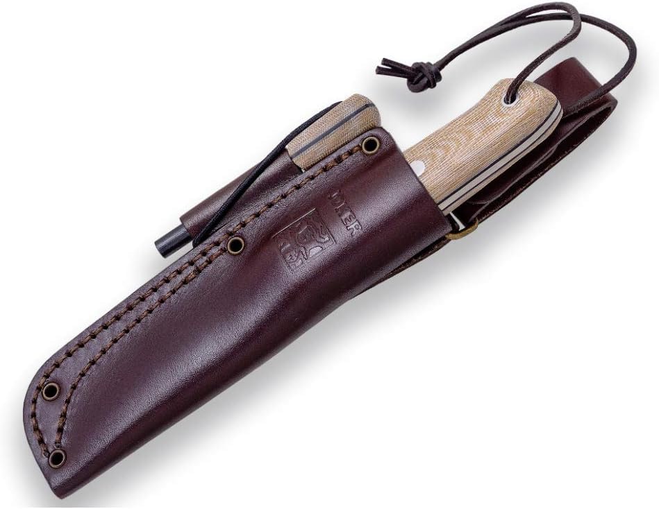 Joker Nórdico CM115-P Survival Knife, 3.94 in Sandvik 14C28N Blade, Canvas Micarta Handle, Leather Sheath with Ferro Rod, for backcountry travel, camp chores, fishing trips and bushcraft