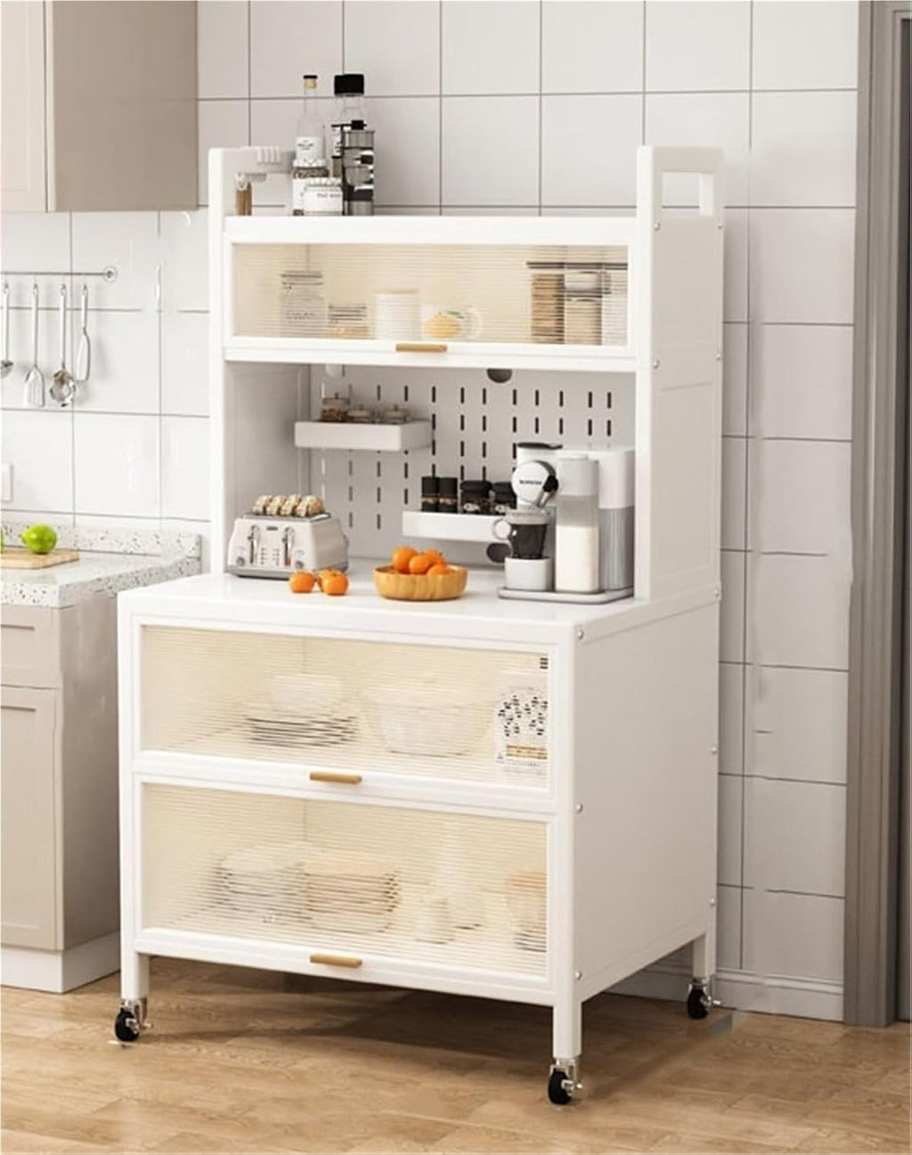 5-Tier Bakers Rack for Kitchen l Sideboard Baker's Storage Cabinet Multifunctional Microwave Stand with Accessories Storage Cabinets with Flip Door for Home practical(White,60 cm)