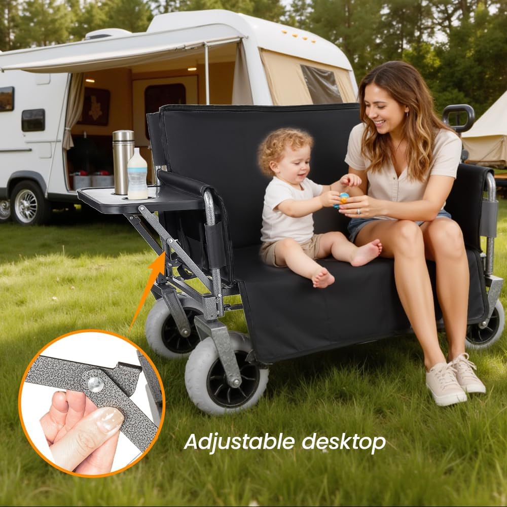 Heavy-Duty Folding Wagon with Bench Seat and Rear Folding Tabletop – 500-Pound Capacity, All-Terrain Beach Wheels for Outdoor Use (Black + Steel)