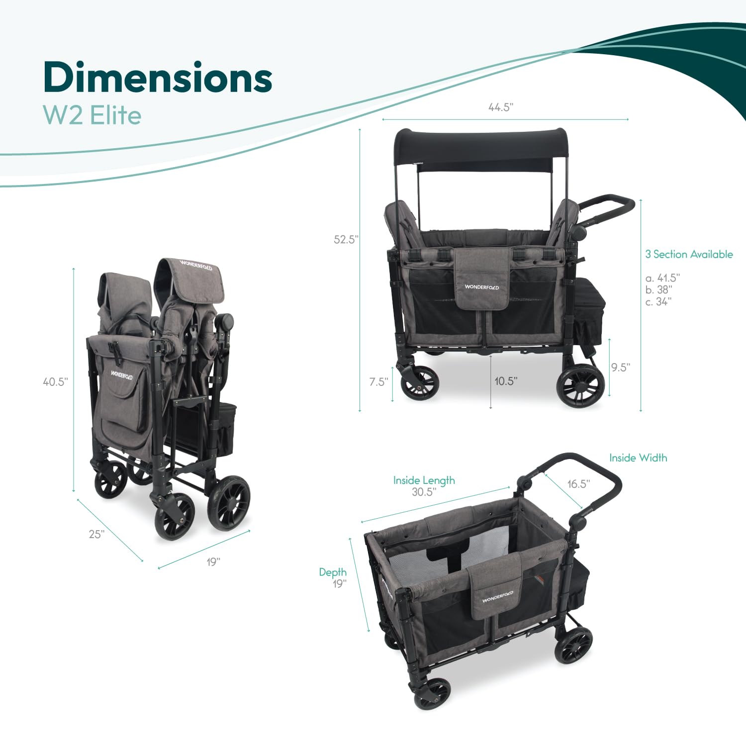 WonderFold W2 Elite Stroller Wagon - Foldable Wagon with Steel Frame - Adjustable Canopy & Push Handle - All-Terrain Wheels - for Babies, Toddlers & Kids - 2 Seater - Gray
