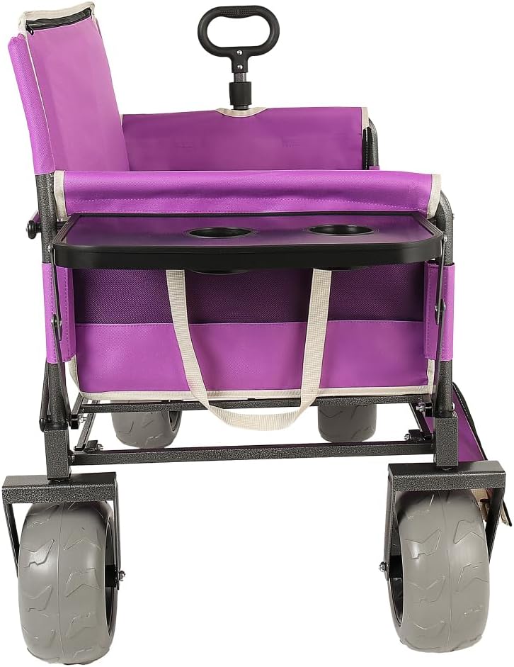 Heavy-Duty Folding Wagon with Bench Seat and Rear Folding Tabletop – 500-Pound Capacity, All-Terrain Beach Wheels for Outdoor Use (Purple + Steel)