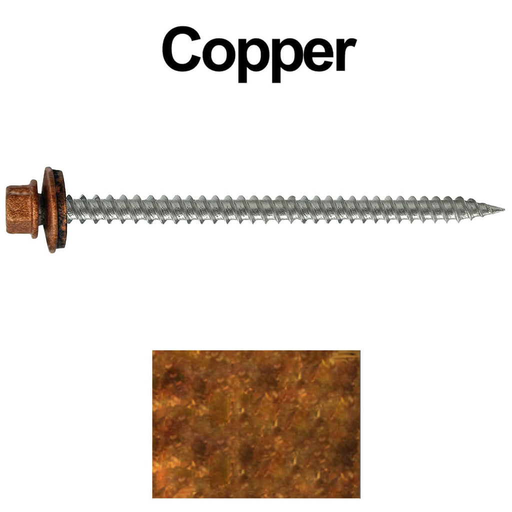 Stainless Steel Metal Roofing Screws (250) 9 x 3' Copper hex Head Sheet Metal Roofing Screw. Self-Piercing (SP) tip Metal to Wood siding Screws EPDM Washer