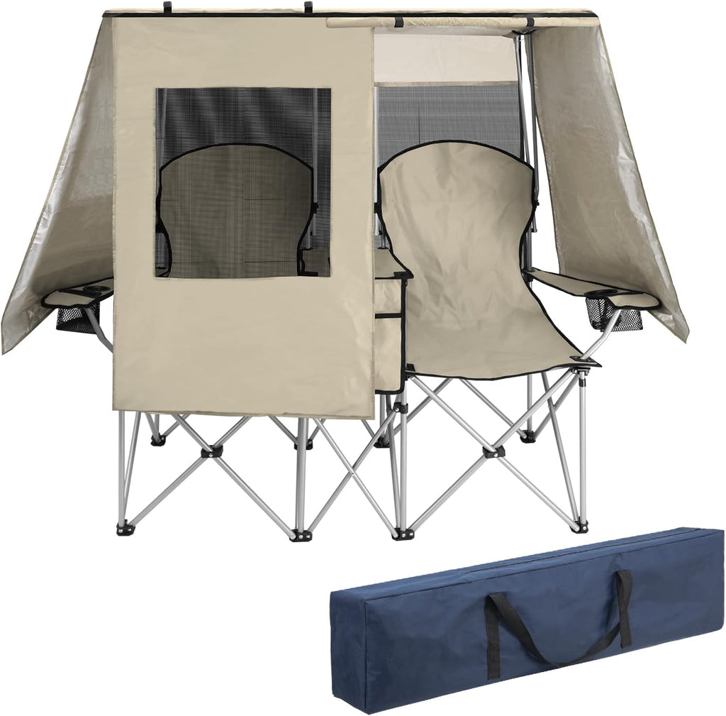 BESTHLS Double Camping Chair with Canopy Shade - Heavy Duty 600D Outdoor Loveseat for Adults, 2-Person Beach Chair with Umbrella, Folding Camp Loveseat for Fishing, Sports, Patio (White)