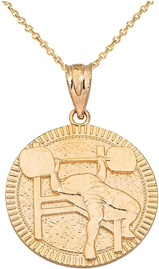 Certified 14k Gold Fitness Gym Barbell Bench Press Medal Pendant Necklace