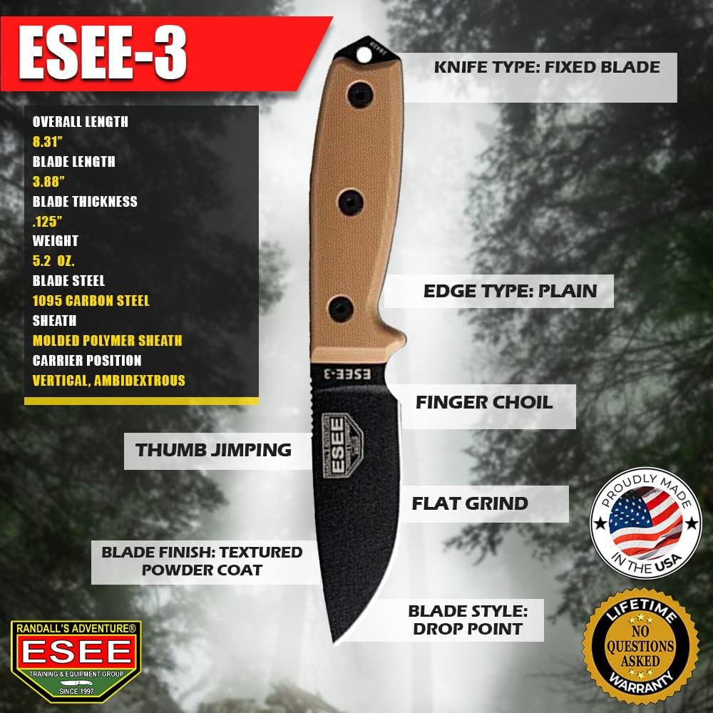 ESEE Knives 3P Fixed Blade Knife with Molded Polymer Sheath