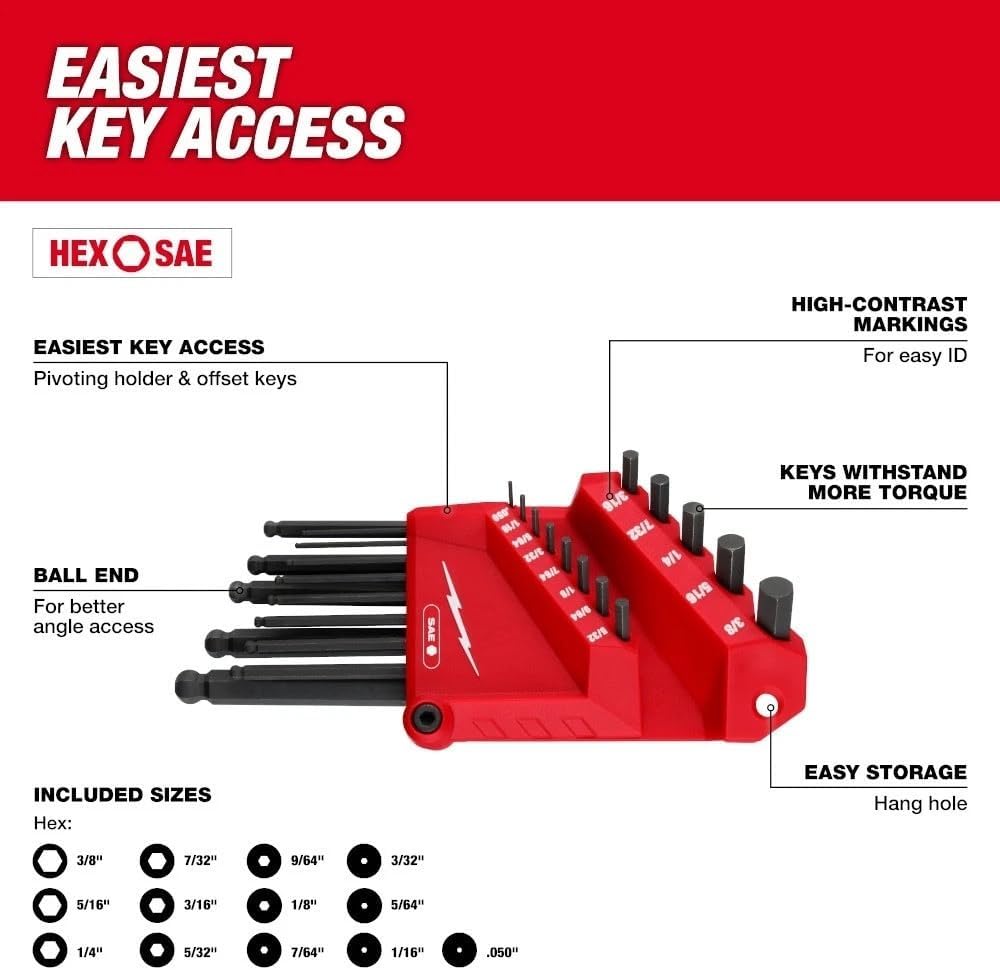 48-22-2187 Hex Key for Milwaukee 22-Key Ball End L-Key Set Red/Black - SAE/Metric