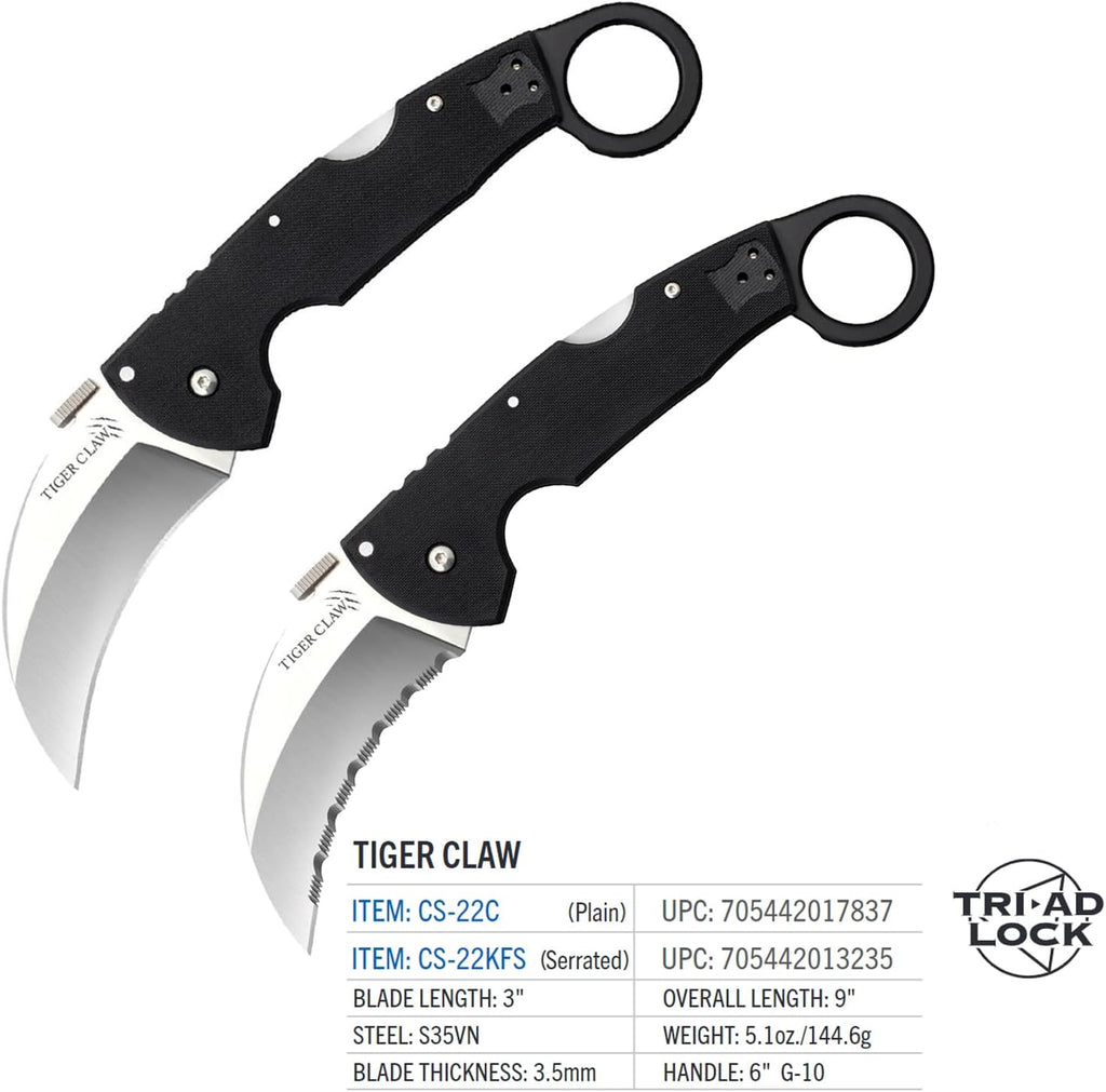 Cold Steel Tiger Claw 3' S35VN Razor-Sharp Blade 6' Easy-to-Grip G-10 Handle EDC Tactical Folding Knife with Tri-Ad Locking Mechanism