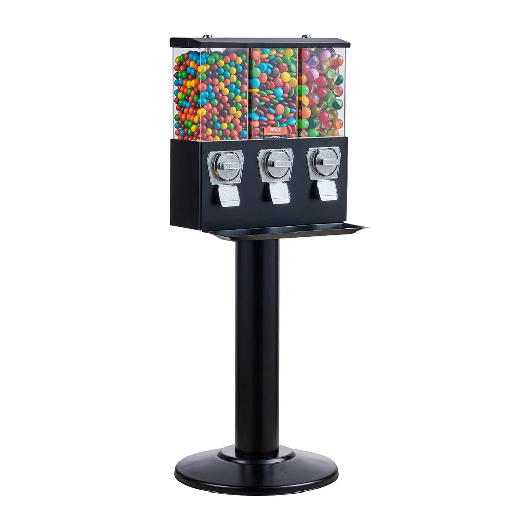 VEVOR Commercial Vending Machine, Triple Compartment Candy Dispenser with Iron Stand, Gumball and Candy Machine for Business, Coin Operated Gumball Bank for Toy Capsules Bouncy Balls Candy Nut, Black