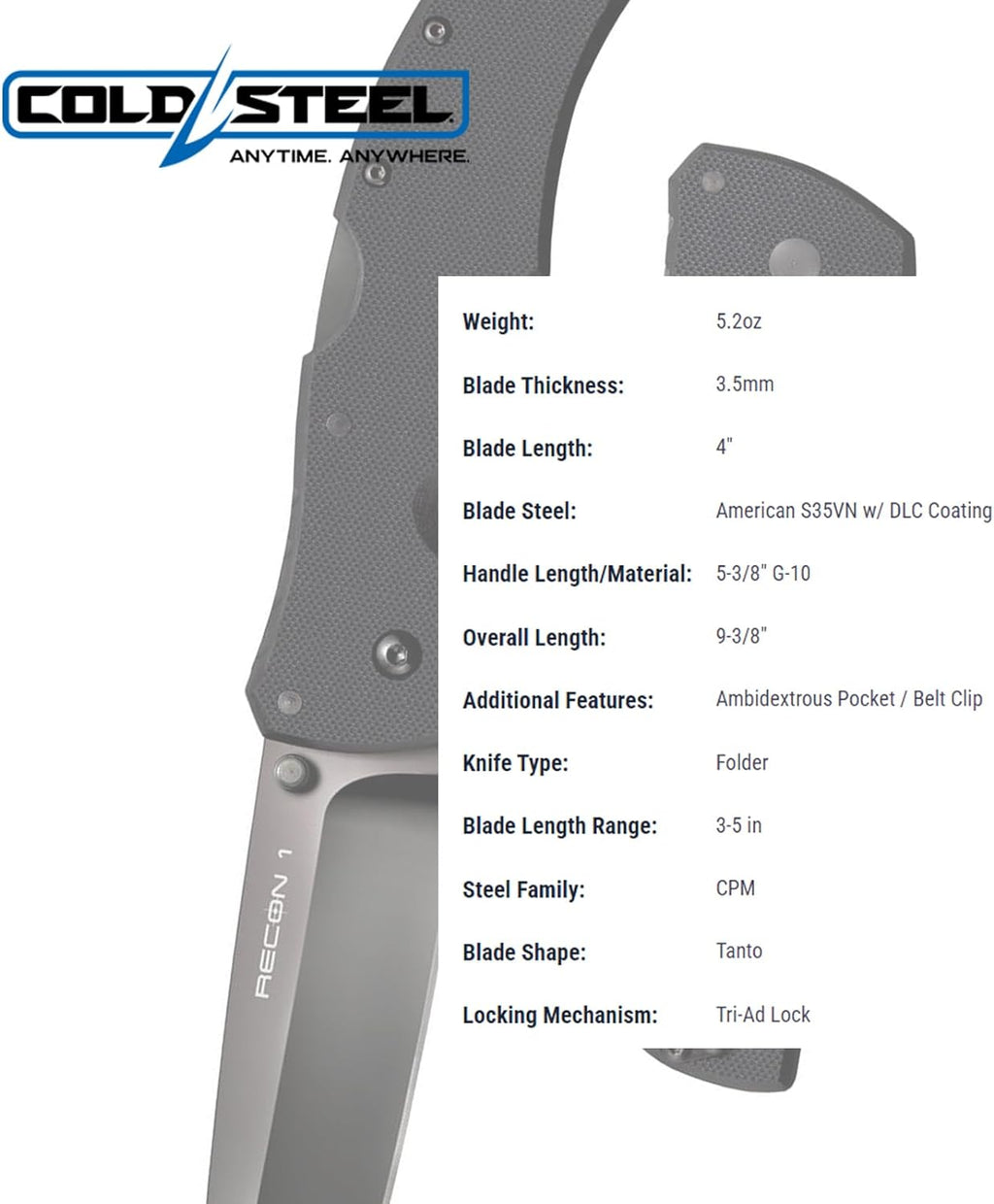 COLD STEEL Recon 1 4' S35VN Razor-Sharp Blade 5.375' G-10 Handle Tactical Folding Knife w/Tri-Ad Lock, Ambidextrous Pocket/Belt Clip