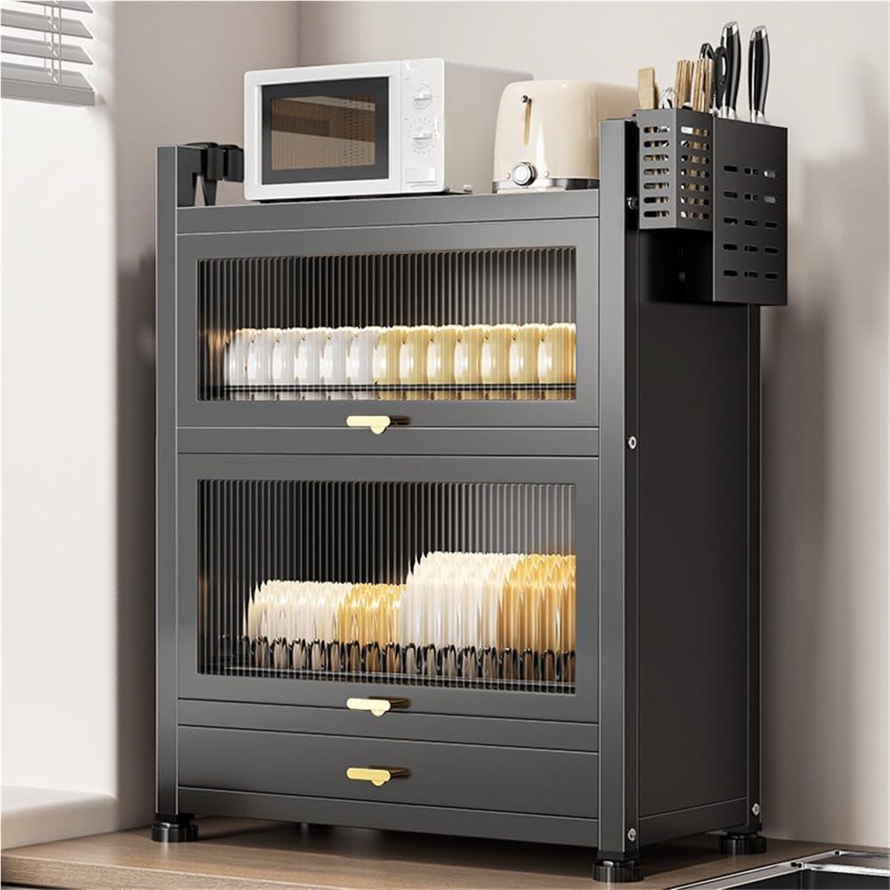 Kitchen Countertop Dish Cabinet with Drawers, Countertop Pantry with Drain Trays and Doors, Multifunctional Microwave Oven Rack, Space-Saving Dish Organizer for Dining room(Black,22.4''x11.4''x28'')
