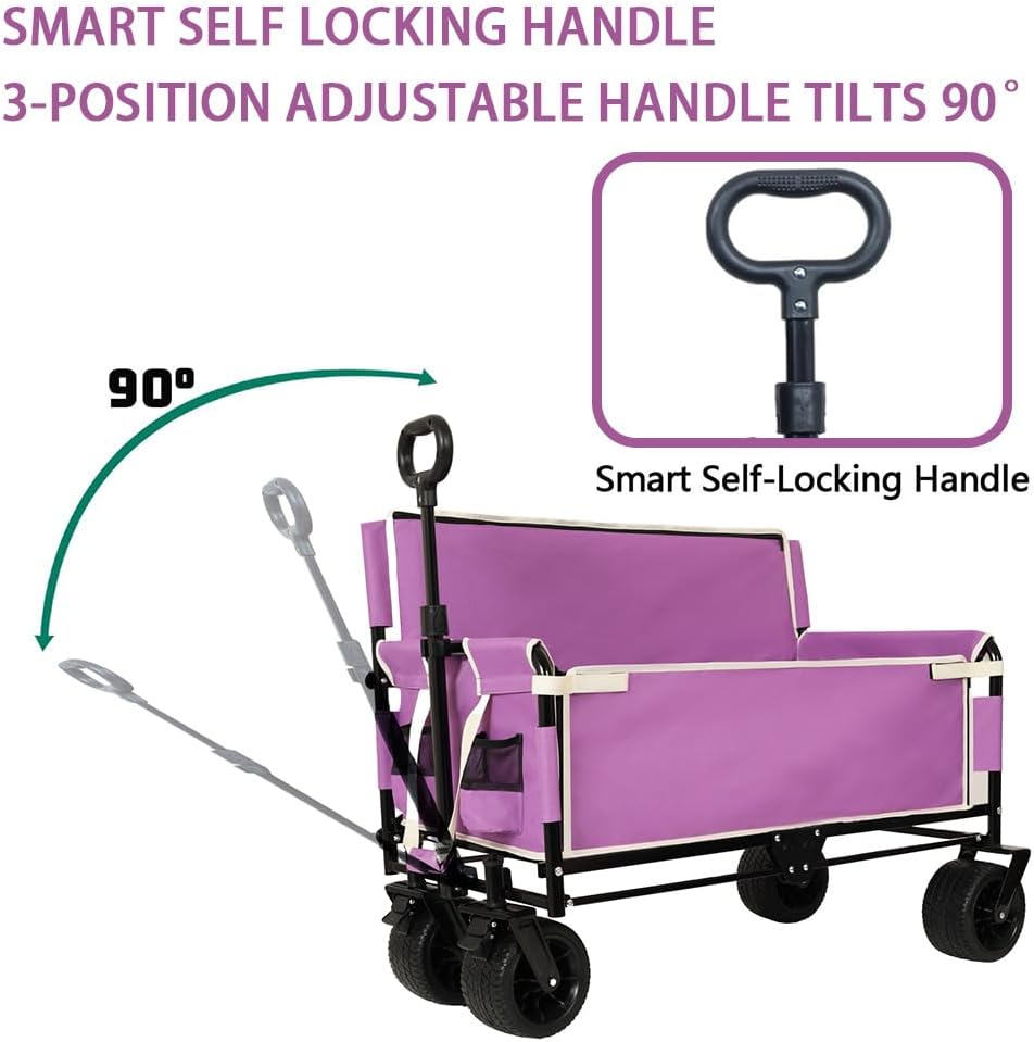 3-in-1 Convertible Folding Wagon Cart with Seat & Storage, 500lbs Heavy-Duty Utility Wagon, 180L Capacity, All-Terrain 360° Swivel Wheels for Camping, Beach, Sports, Garden (Purple)