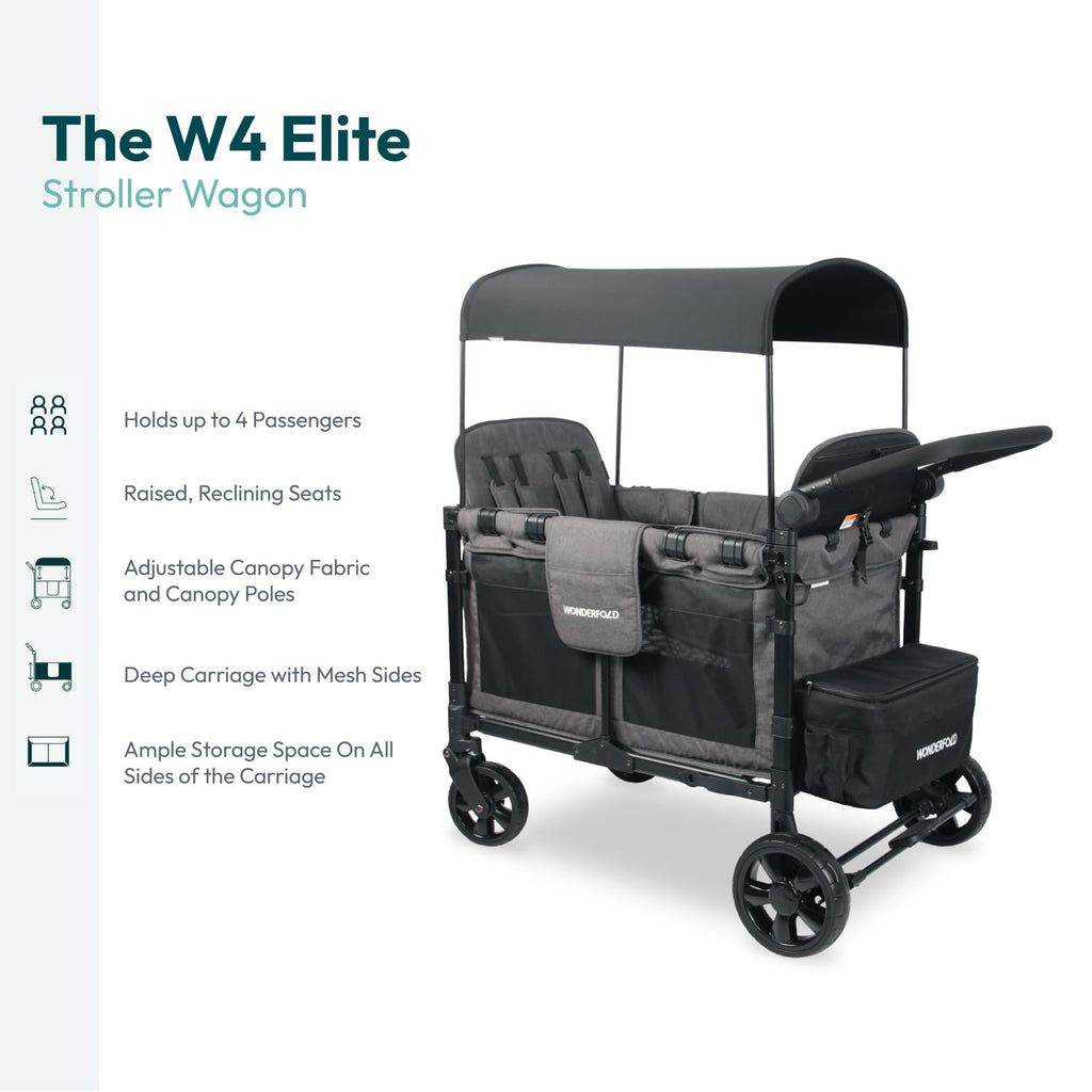 WonderFold W4 Elite Stroller Wagon - Foldable Wagon with Steel Frame - Adjustable Canopy & Push Handle - All-Terrain Wheels - for Babies, Toddlers & Kids - 4 Seater - Gray