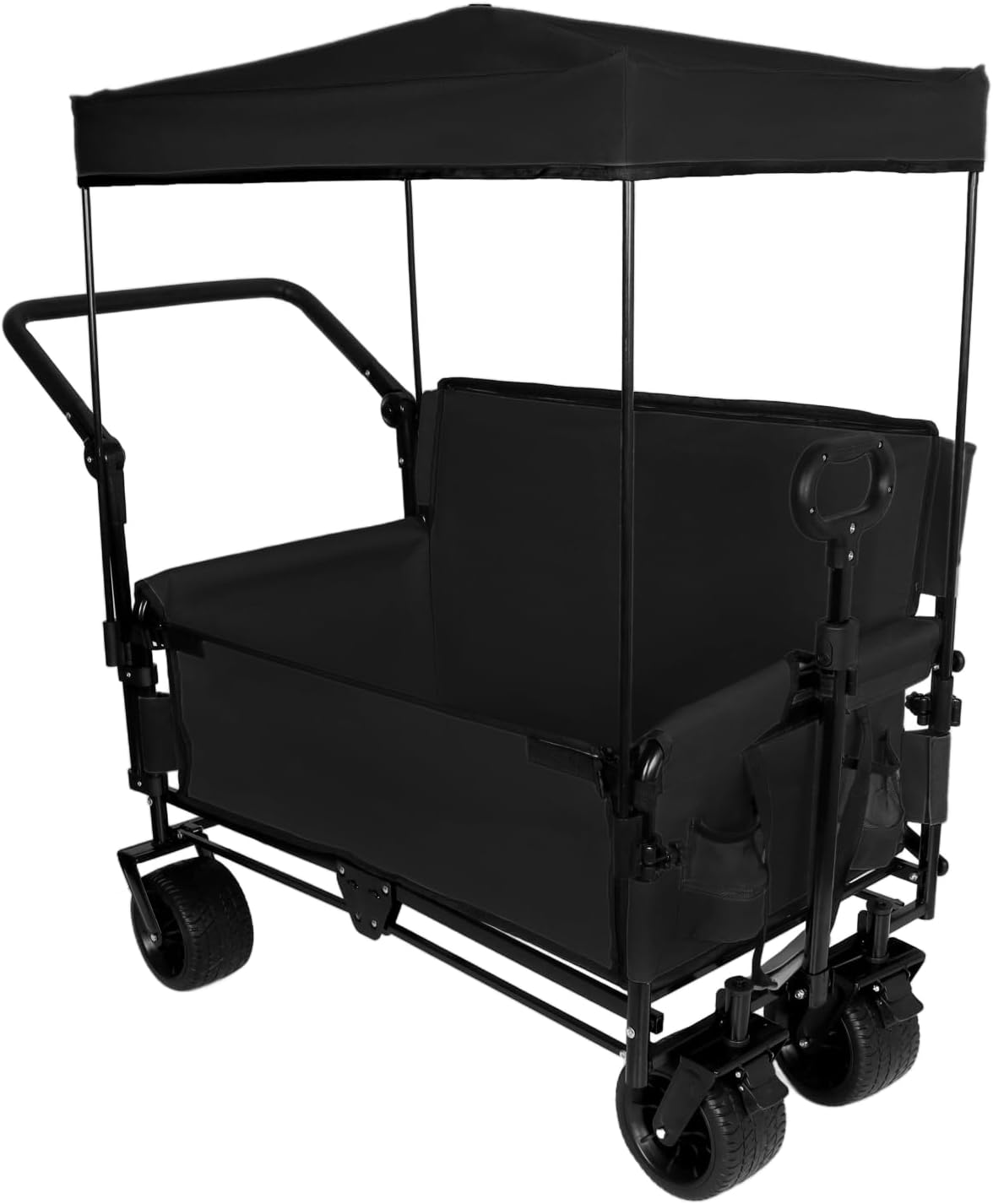 3-in-1 Folding Wagon Cart with Bench Seat, Canopy & Storage - 500lbs Heavy-Duty, 180L Capacity, All-Terrain for Camping, Beach, Sports & Garden, Black