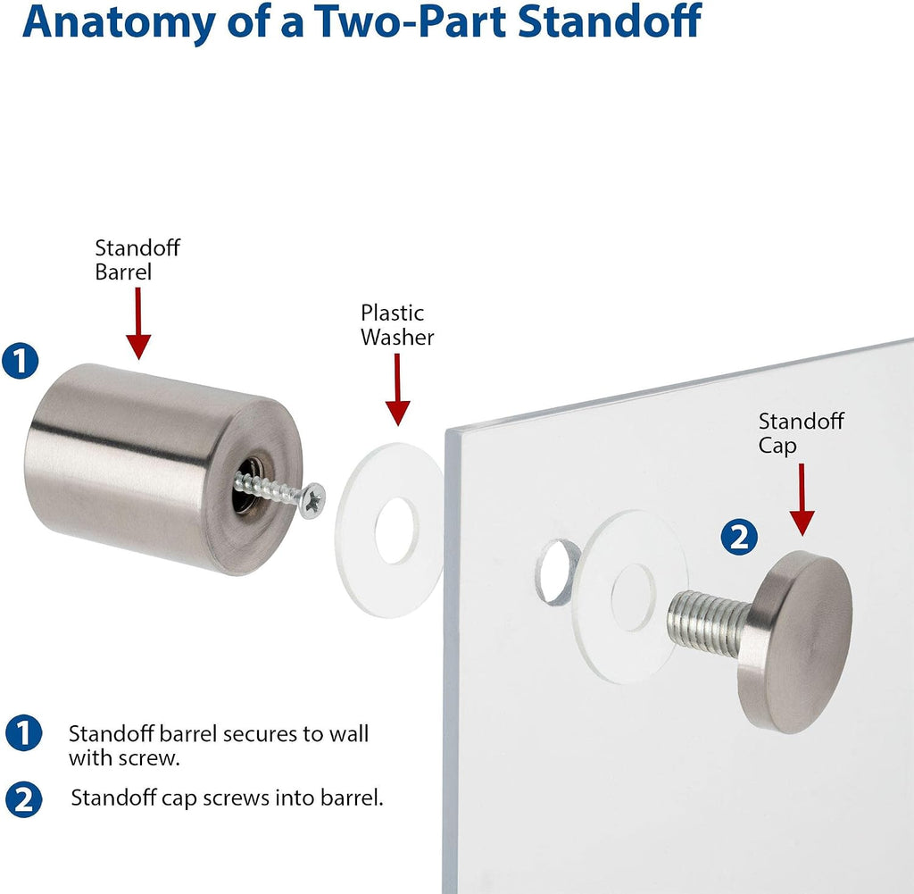 Stainless Steel Standoff 3/4 Inch Diameter x 1 Inch Barrel Length Brushed Finish for PVC, Glass and Acrylic Sign Stand Off Wall Anchors and Screws 100 Piece Commercial Space Pack