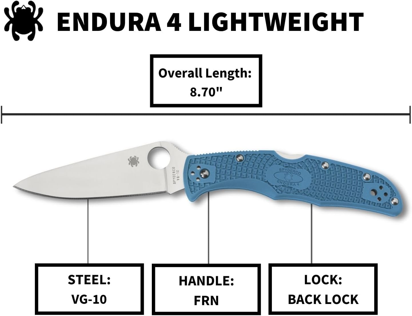 Spyderco Endura 4 Lightweight Folding Pocket Knife with 3.8' VG-10 Steel Blade and FRN Handle - EDC Knife for Men and Women, Perfect for Hunting, Tactical, Camping, Survival - PlainEdge - C10FPBL