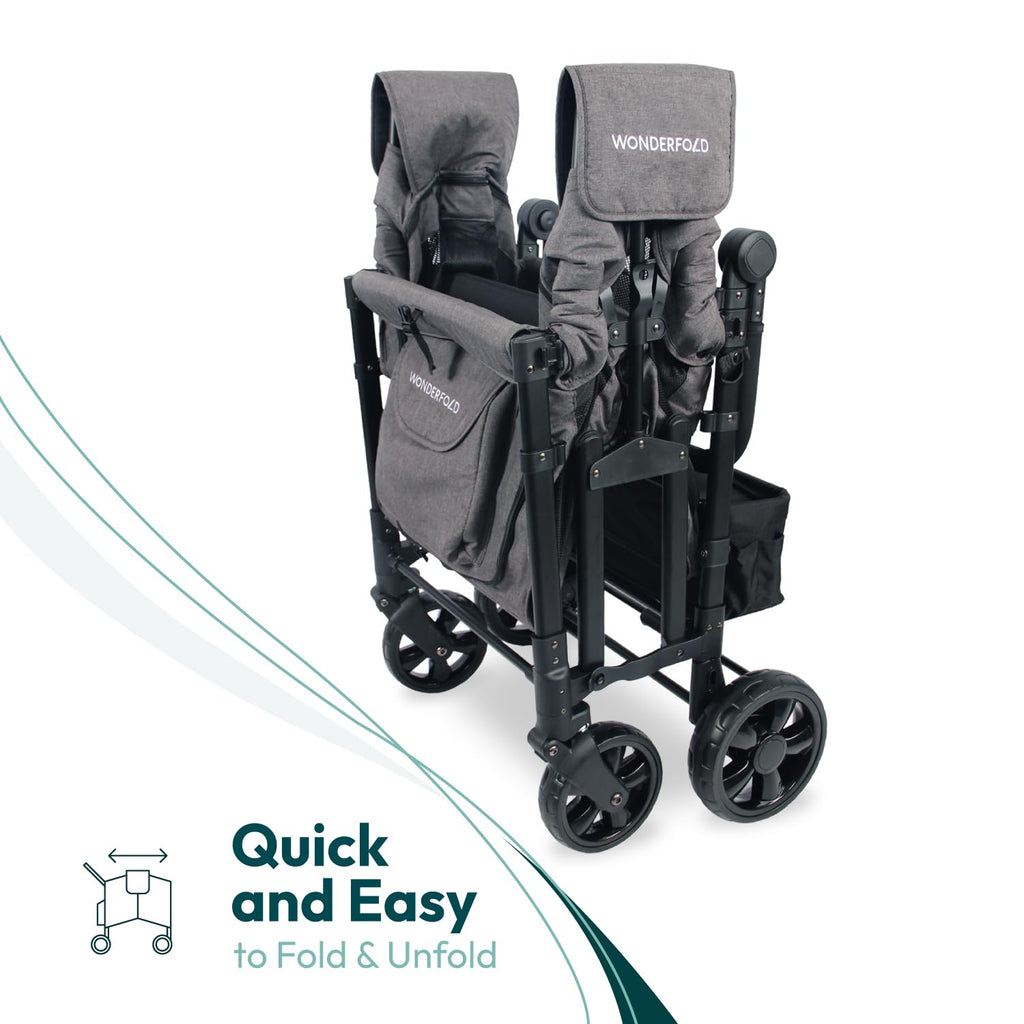 WonderFold W4 Elite Stroller Wagon - Foldable Wagon with Steel Frame - Adjustable Canopy & Push Handle - All-Terrain Wheels - for Babies, Toddlers & Kids - 4 Seater - Gray
